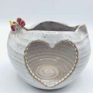 Rustic Handmade Hen Chicken Pottery Tealight Holder – Heart Cutout